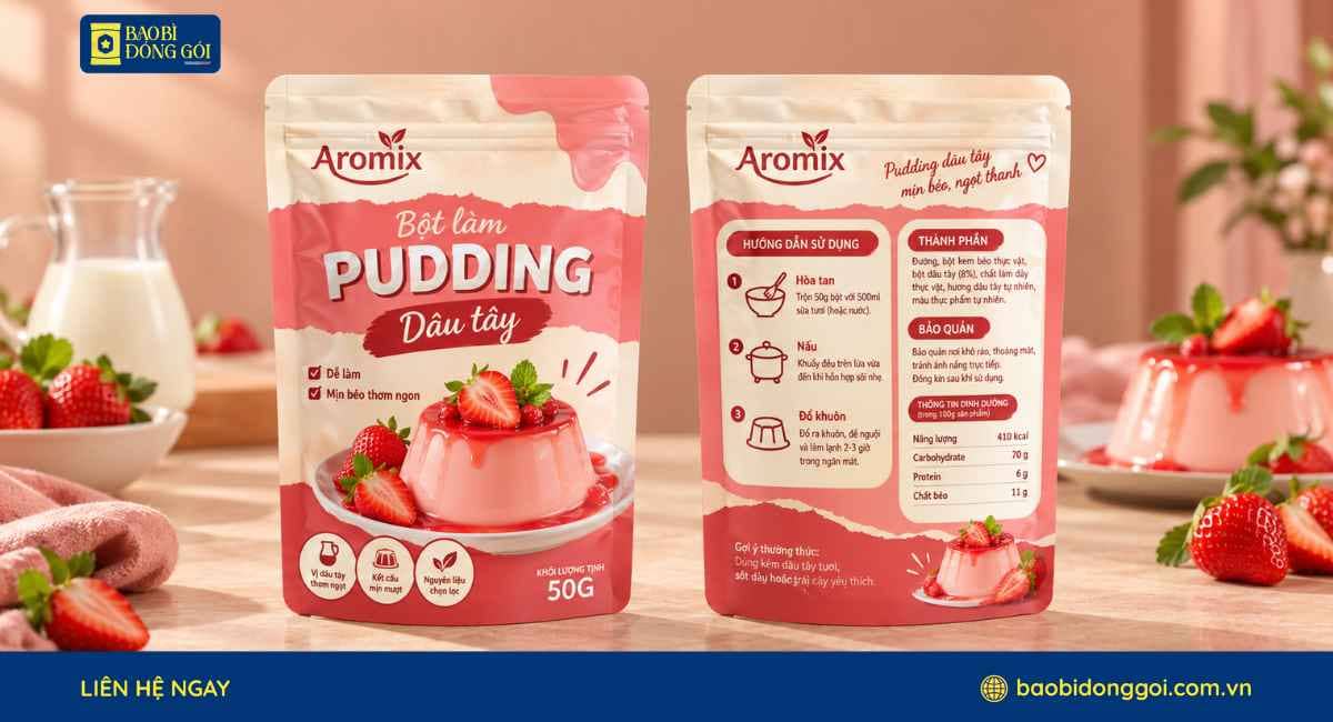 Mẫu bao bì bột pudding vị dâu in theo yêu cầu