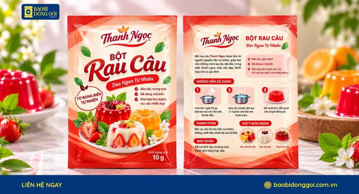 Mẫu bao bì bột rau câu 2 mặt trước sau in rõ nét
