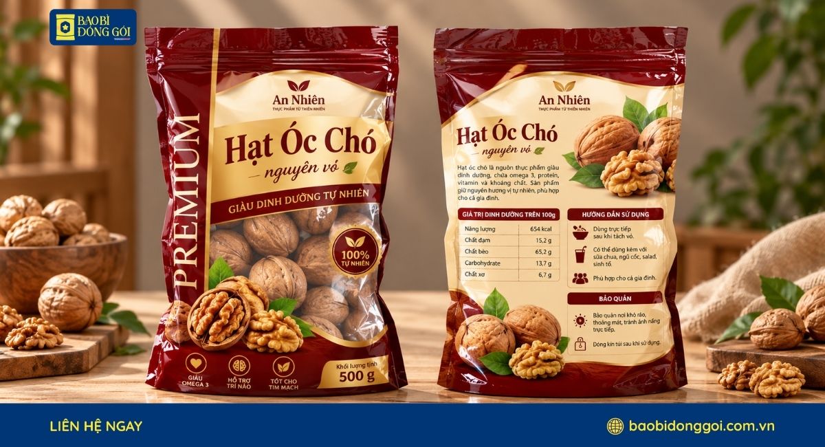 Mẫu bao bì hạt óc chó đẹp, nổi bật trên kệ