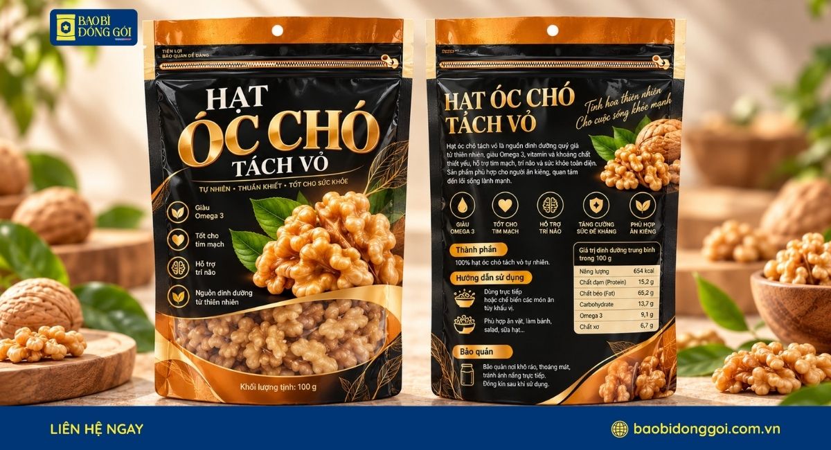Mẫu bao bì hạt óc chó in theo yêu cầu
