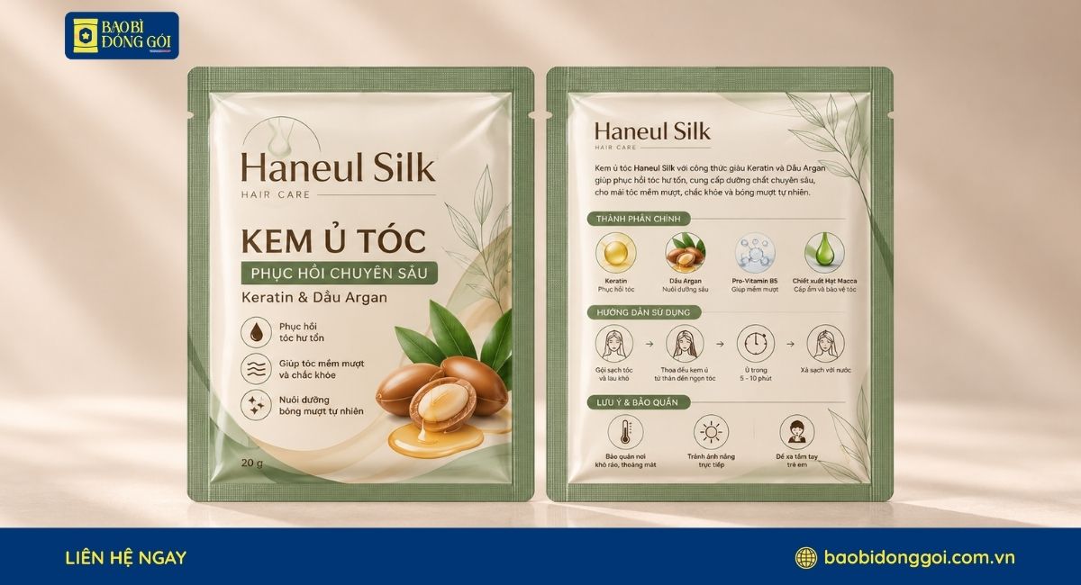 Mẫu bao bì kem ủ tóc dạng túi 3 biên