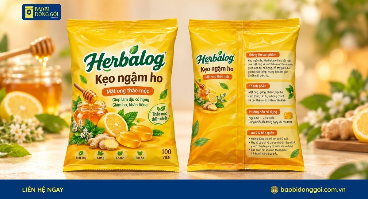 Mẫu bao bì kẹo ngậm ho dạng túi hàn lưng giữa