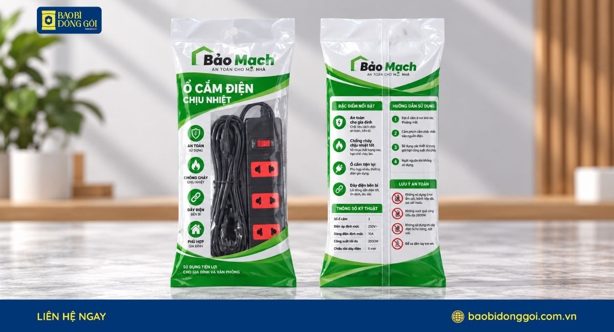 Mẫu bao bì ổ cắm điện dạng túi hàn lưng giữa