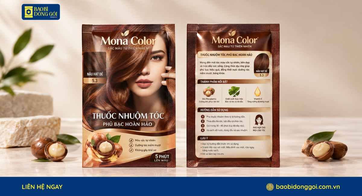 Mẫu bao bì thuốc nhuộm tóc in trục ống dồng 5 màu sắc nét