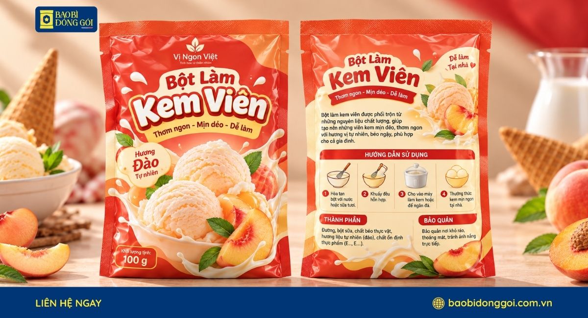 Mẫu túi 3 biên đựng bột làm kem in sắc nét