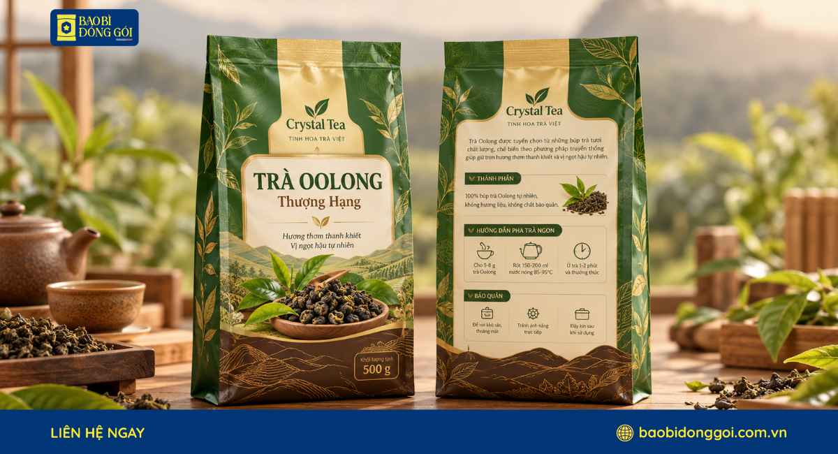 Mẫu túi 4 cạnh đựng trà in trục đồng