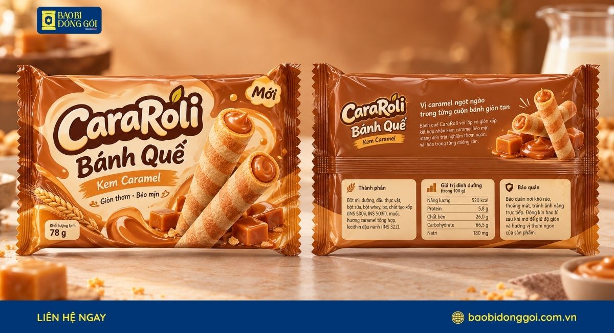 Mẫu túi hàn lưng giữa đựng bánh quế in sắc nét