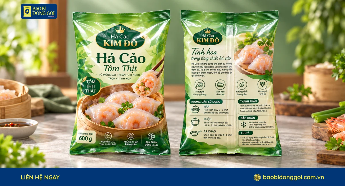 Mẫu túi hàn lưng giữa đựng há cảo đông lạnh