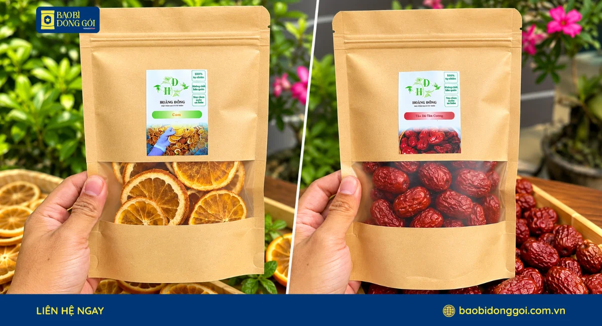 Mẫu túi zip giấy có cửa sổ đựng trái cây sấy