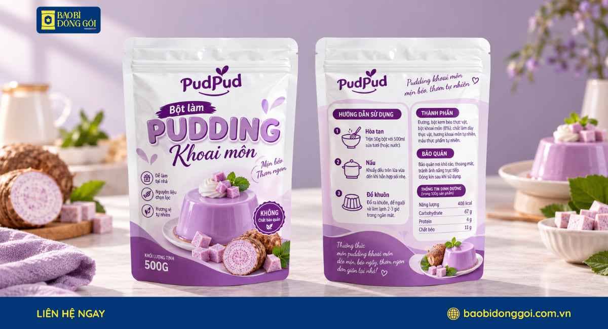 Mẫu bao bì túi zipper đựng bột pudding khoai môn in sắc nét